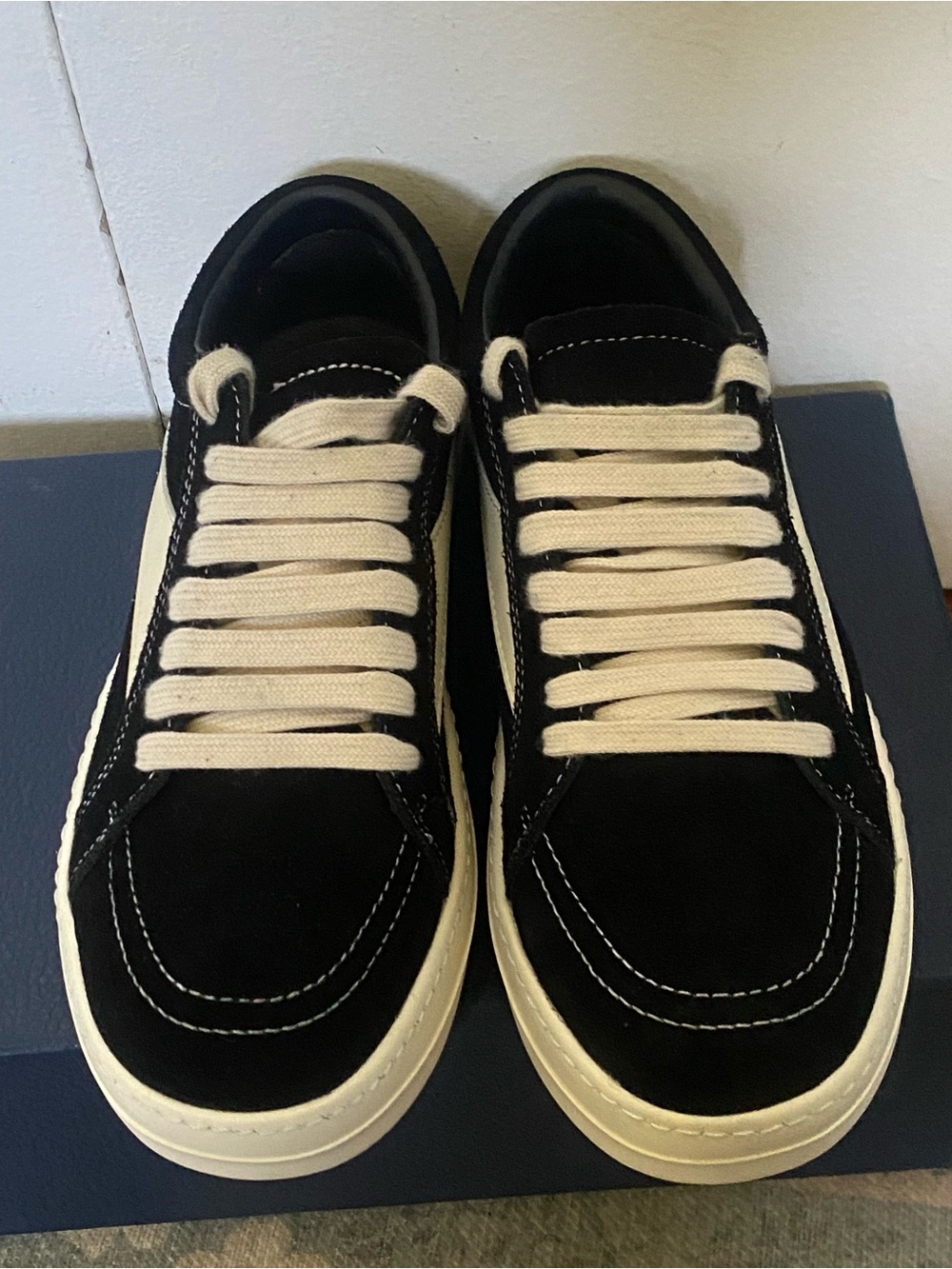 Rick Owens Black Suede Low-Top Sneakers with Cream Laces